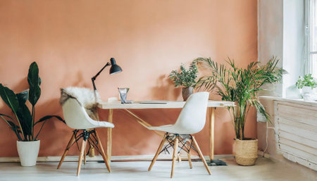 interior of modern dining room with table and chairs, stock photoの素材