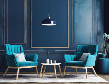 Blue classic armchairs in classic interior with blue wall. 3d renderの素材