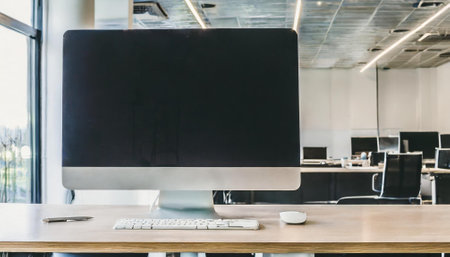 Blank black screen computer monitor and keyboard on wooden table in modern officeの素材