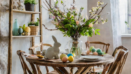Easter table setting with spring flowers and easter eggs in rustic styleの素材