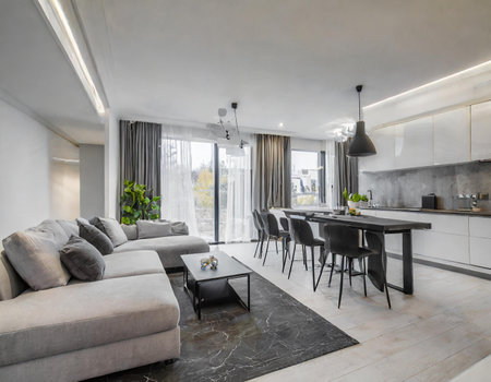 Interior of a modern apartment, living room with kitchen and dining areaの素材
