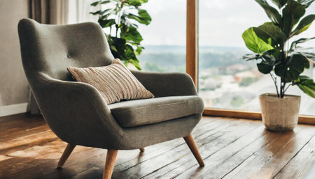 Comfortable armchair with cushions on the wooden floor near the windowの素材