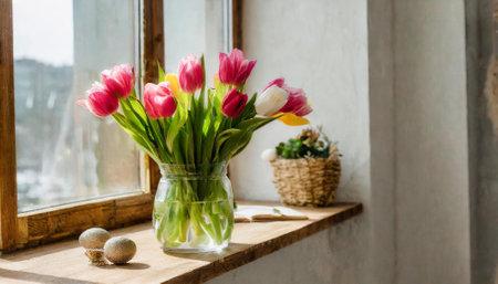 Bouquet of tulips in a glass vase on the windowsillの素材