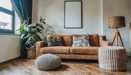 Cozy living room with brown sofa, pillows, plaid and plantsの素材