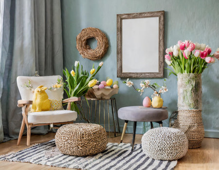 Interior of living room with chair, basket with tulips and easter eggsの素材