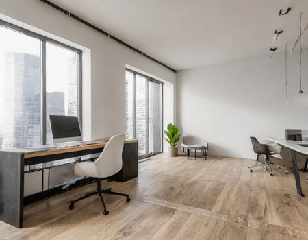 Interior of modern office with white walls, wooden floor, panoramic window with city viewの素材