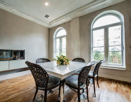 Dining room with table, chairs and window. Northwest, USAの素材