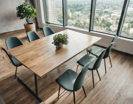 Interior of modern dining room with wooden table, chairs and city viewの素材
