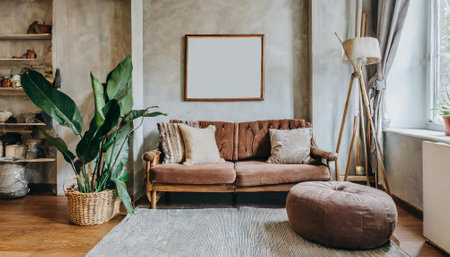 Living room interior with brown sofa, armchair, plant and empty frameの素材