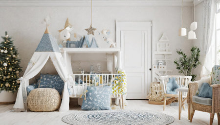 Christmas tree in the interior of the children's room with a bed and a cribの素材