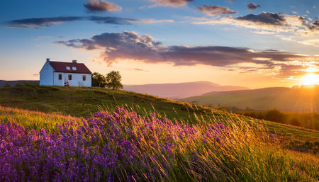 a picturesque landscape with a house on a hill bathed in the soft light of a colorful sunsetの素材