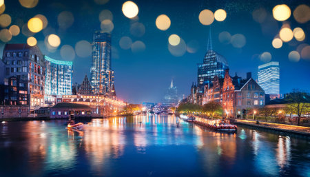 cityscape at night with waterway and bokeh lightsの素材