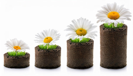 growing blooming daisy isolated on white background life growth developement stages and st conceptの素材
