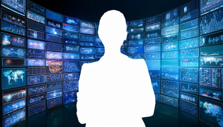 silhouette of a person standing in front of a wall of digital screensの素材