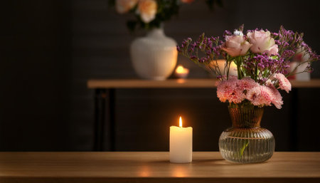 a candle is lit on a table next to a vase of flowersの素材