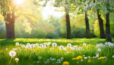 beautiful spring natural background landscape with young lush green grass with blooming dandelions against the background of trees in the gardenの素材