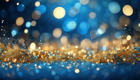 blue and golden glitter in shiny defocused background abstract christmas lightsの素材