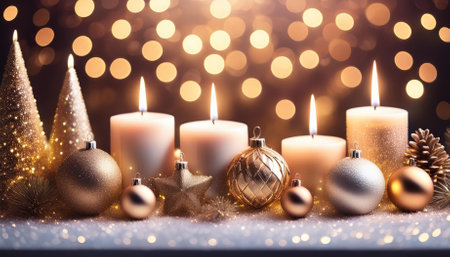 christmas candles and ornaments on glitter bokeh background with twinkle lights merry christmas festive card winter holiday theme happy new yearの素材