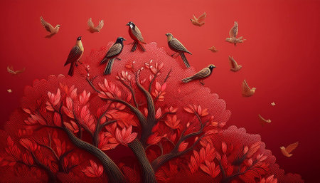 birds on the tree oon red backgroundの素材