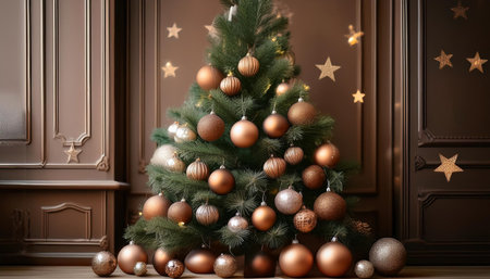 christmas tree with brown balls and stars home decorの素材