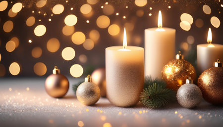 christmas candles and ornaments on glitter bokeh background with twinkle lights merry christmas festive card winter holiday theme happy new yearの素材