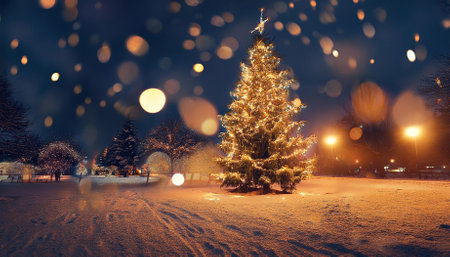 christmas evening city decorated christmas tree with lights outdoor snow bokeh background merry christmas and happy holidays greeting card frame banner new year noel winter xmas themeの素材