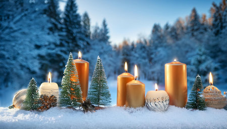 christmas decorations with candles on a snowy background winter forest landscapeの素材