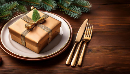 christmas gift box on plate with cutlery and fir branches on wooden tableの素材