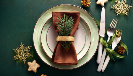 christmas table setting plate knife and fork wrapped with napkinの素材
