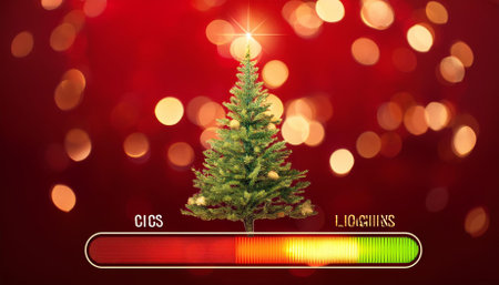 christmas loading concept tree on red with progress bar and bokeh lightsの素材