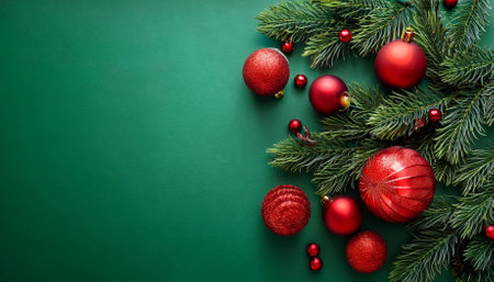 christmas red decoration and spruce tree on green background top view merry christmas and happy holidays greeting card frame banner new year noel winter xmas themeの素材