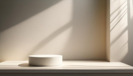 empty simple background for presentation with wall and podium sunlight from the window casts a shadow on light wallの素材