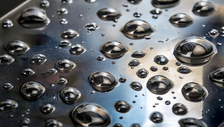 close up of metallic objects with water droplets emphasizing texture and reflectionsの素材