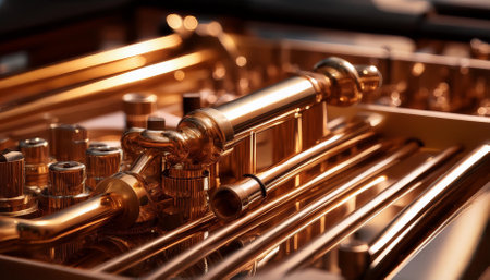 close up of shiny metallic components possibly from a musical instrument or machineryの素材