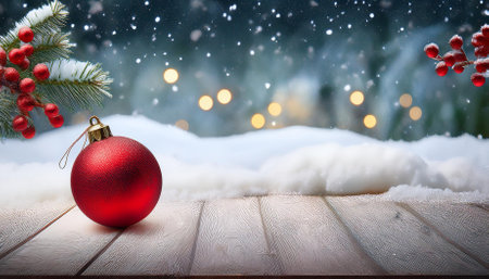 christmas winter table with red ornament on snow abstract snowfall in backgroundの素材