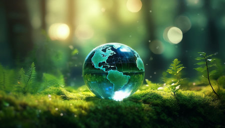 environment glass globe on grass moss in forest green planet with abstract defocused bokeh lights environmental conservation conceptの素材