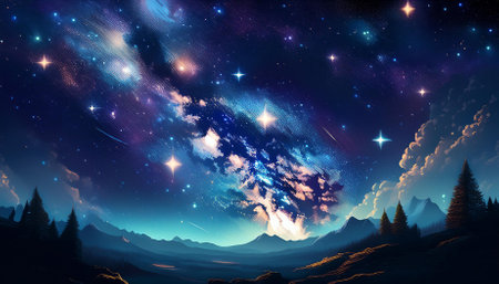 Fantasy landscape with starry sky and mountains. Elements of this image furnished by NASAの素材