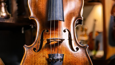 close up of a beautifully crafted violin showcasing intricate details and craftsmanshipの素材