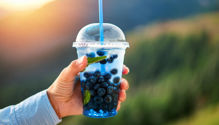 hand hold summer drink with blueberry fruitの素材