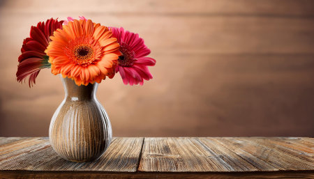 gerbera in vase on old wooden tableの素材