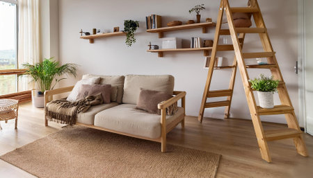 interior of living room with wooden ladder sofa and shelf unitsの素材