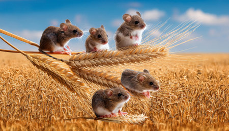 five harvest mice sitting side by side on an ear of wheat in a field indiana usaの素材