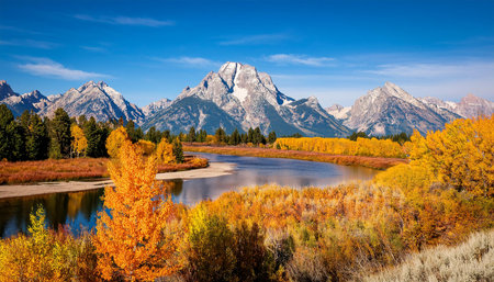 fall colors and mount moran at oxbow bend on the snake river in grand teton national parkの素材