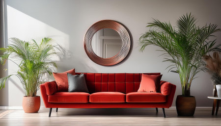 interior of living room with mirror red sofa and plantsの素材