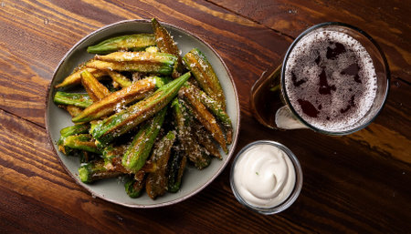 overhead view of fried okra with a sour cream and garlic dipping sauce and a glass of white sodaの素材