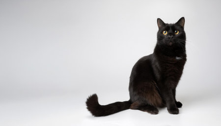 Black cat with yellow eyes sitting on a white background with copy spaceの素材