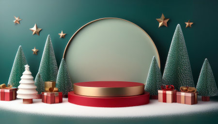 Podium and Christmas tree with decoration on green background. 3D renderingの素材