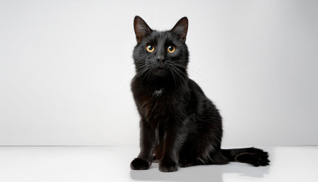 Black cat with yellow eyes sitting on a white background and looking at the cameraの素材