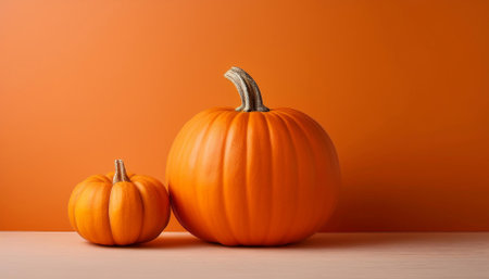 Two orange pumpkins on a wooden table and an orange background.の素材