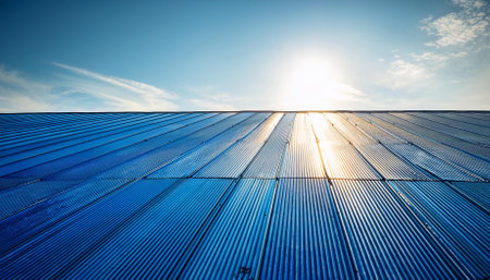 Blue corrugated metal roof with sun in the blue sky.の素材